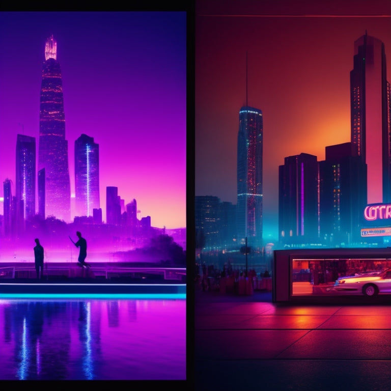 A split-screen image with a cityscape at dusk on one side, featuring a giant game console in the distance, and a stylized, neon-lit dance floor on the other, with Boris' silhouette dancing in the center.