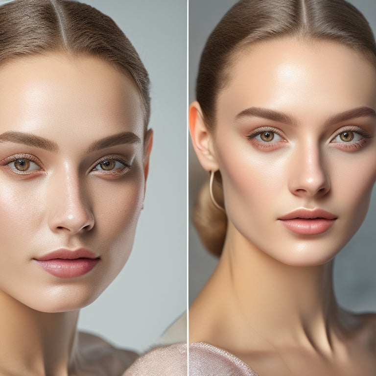 A split-screen image featuring a novice dancer's face on the left, with minimal makeup, and the same face on the right, transformed with natural, stage-ready makeup, highlighting enhanced eyes and rosy cheeks.