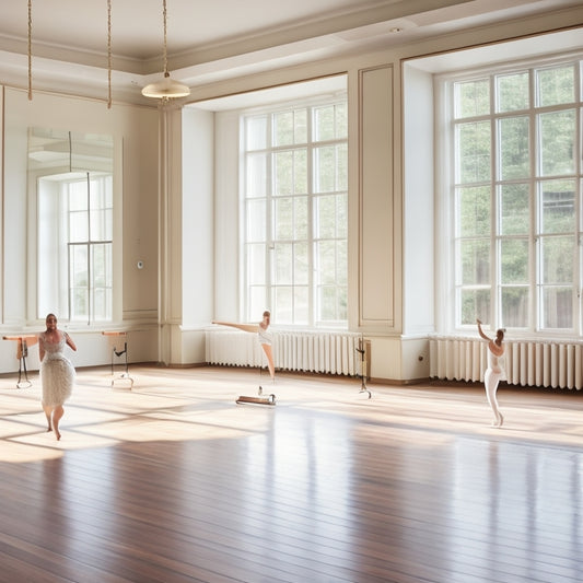 A serene dance studio with soft natural light, featuring elegant, lightweight portable ballet bars. Dancers of various styles practice gracefully, showcasing fluid movements, with a wooden floor and mirrors reflecting their passion.