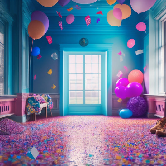 A vibrant illustration of a dance studio filled with colorful stickers of ballet shoes, music notes, and dancing silhouettes, surrounded by confetti and balloons, with a few stickers peeling off the walls.