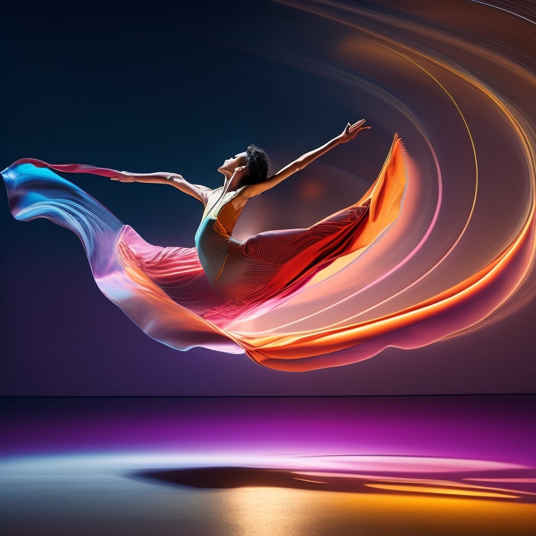 A dynamic illustration of a dancer in mid-motion, surrounded by swirling lines and shapes, with spotlight beams highlighting their feet, conveying energy, movement, and fluidity.