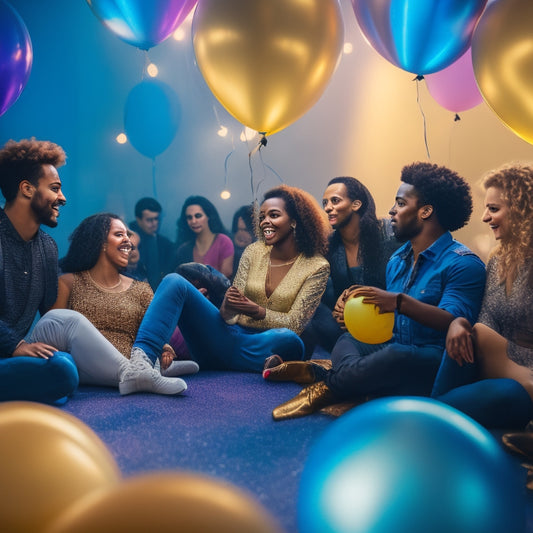 A warm, golden-lit dance floor filled with diverse students, some dancing, others sitting or lying down, surrounded by colorful balloons, streamers, and a subtle gradient of calming blue hues in the background.