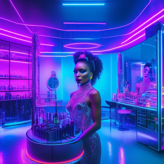 A futuristic, neon-lit dance studio with a digital avatar in the center, surrounded by floating makeup brushes, lipstick, and eyeshadow palettes, with a mirror reflecting a flawless, glowing complexion.