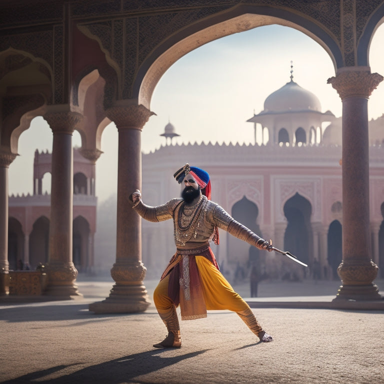 A dramatic, golden-lit scene depicting a powerful Sikh warrior in traditional attire, mid-swing with a gleaming Gatka sword, amidst a blurred, rustic background with ancient Indian architectural elements.