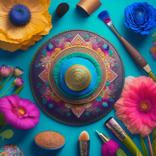 A stylized illustration of a mortarboard hat surrounded by blooming flowers, makeup brushes, and beauty tools, set against a vibrant Indian-inspired background with subtle mandalas and peacock motifs.