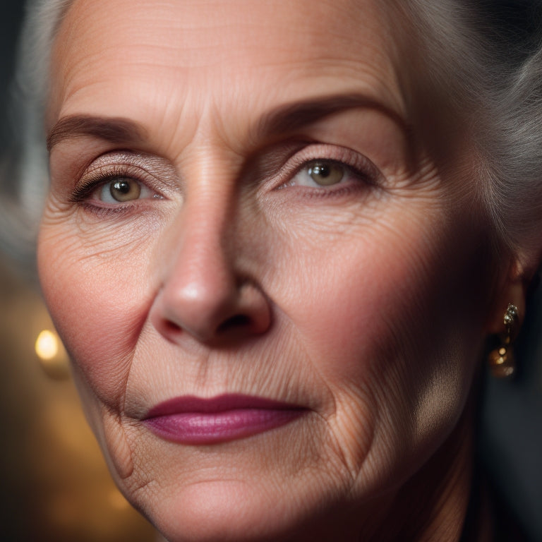 A close-up of a mature woman's face, illuminated by soft, warm lighting, with a flawless, natural makeup look featuring subtle eyeshadow, defined brows, and bold lips, against a blurred, dark background.