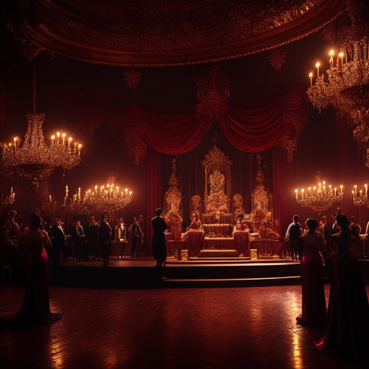 A lavish, dimly-lit cabaret scene with a curvaceous, crimson-velvet draped stage, surrounded by ornate, gilded mirrors and soft, golden lighting, with a dancer's silhouette in the background.