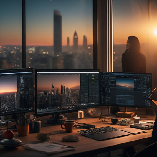 A darkened studio with a photographer editing on a large monitor, surrounded by cameras, lenses, and props, with a cityscape outside the window, illuminated by a warm sunset glow.