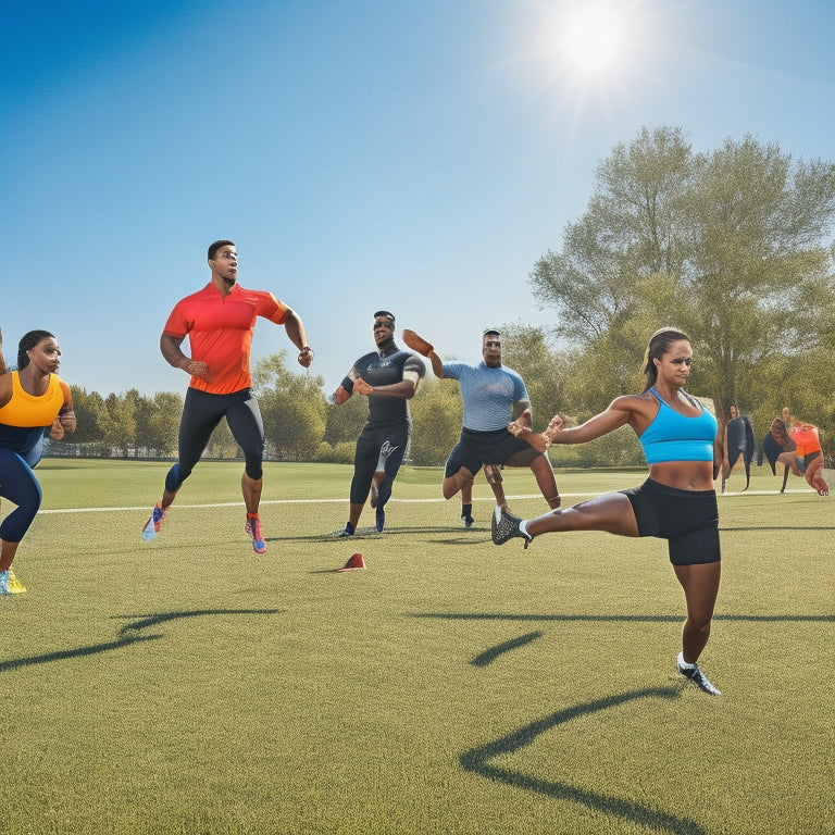 An illustration of a diverse group of athletes, each performing a different warm-up exercise, such as leg swings, arm circles, and hip rotations, in a bright, outdoor setting with green grass and clear blue sky.