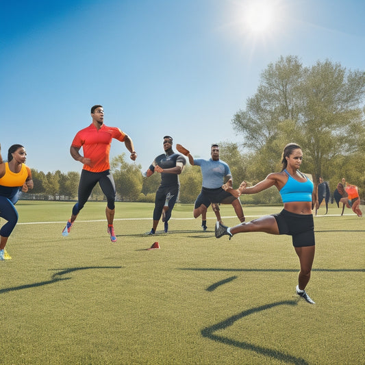 An illustration of a diverse group of athletes, each performing a different warm-up exercise, such as leg swings, arm circles, and hip rotations, in a bright, outdoor setting with green grass and clear blue sky.