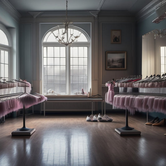 A serene, well-lit dance studio with a few leotards of varying colors and styles draped over a ballet barre, surrounded by scattered dance shoes and mirrors.