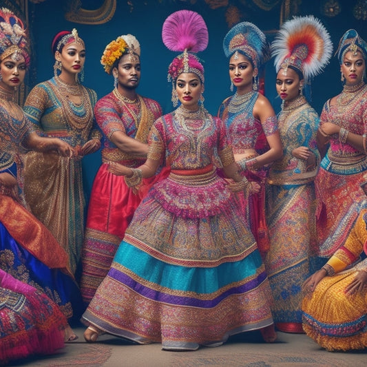 A vibrant, dynamic illustration featuring a diverse group of dancers from various cultural backgrounds, surrounded by intricate patterns and motifs, showcasing traditional attire and accessories.