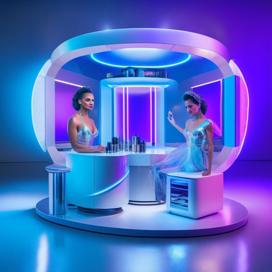 A futuristic makeup station with a dance-inspired vanity, surrounded by mirrors, lights, and digital devices, featuring a 3D holographic model of a dancer in mid-pose, with virtual makeup looks applied.