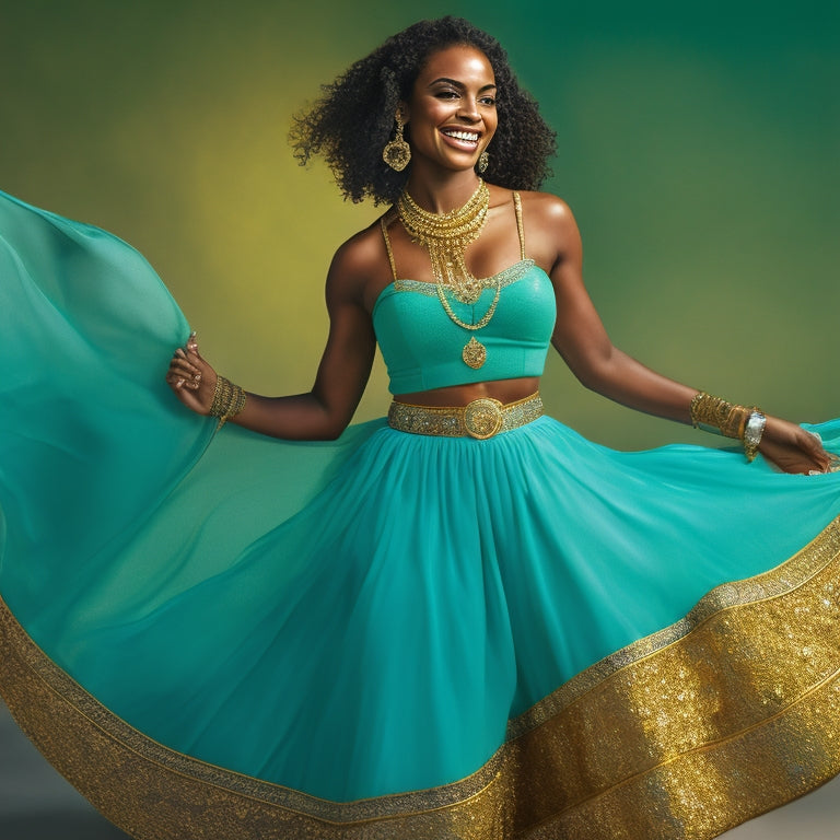 A vibrant, golden-lit illustration of a serene, smiling woman in a flowing, turquoise skirt, adorned with intricate, shimmering coin belts, posing in a elegant, hip-isolated movement.