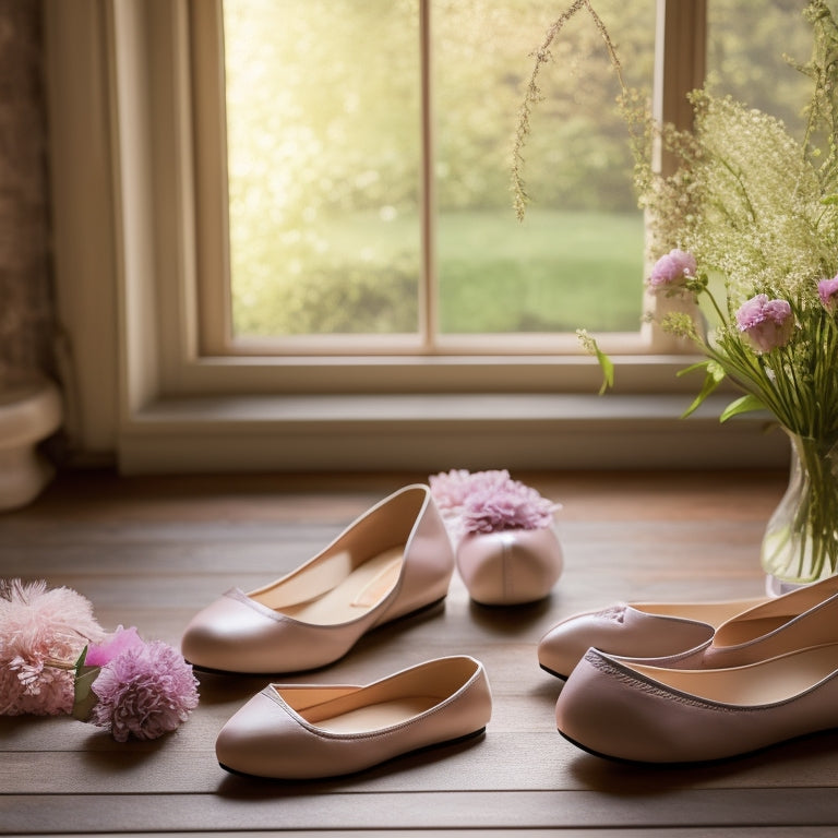 A cozy scene featuring a variety of stylish, breathable ballet flats in soft pastel colors, displayed on a wooden floor surrounded by delicate flowers, with sunlight softly illuminating the shoes, evoking comfort and elegance.