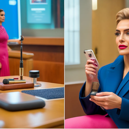 A split-screen image featuring a TikTok app open on a smartphone on the left, displaying a popular makeup tutorial, and a courtroom scene on the right, with a judge's gavel and a makeup brush lying on the desk.