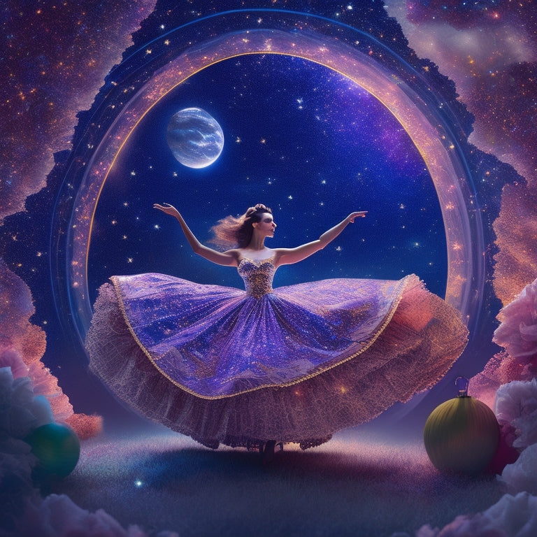 A whimsical illustration featuring a dancing muse surrounded by swirling colors, musical notes, and fluttering sheets of paper, amidst a backdrop of starry night sky and twinkling lights.