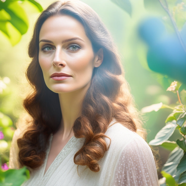 A serene, confident woman standing in a blooming garden, surrounded by lush greenery, with vines and flowers forming a subtle, protective boundary around her.