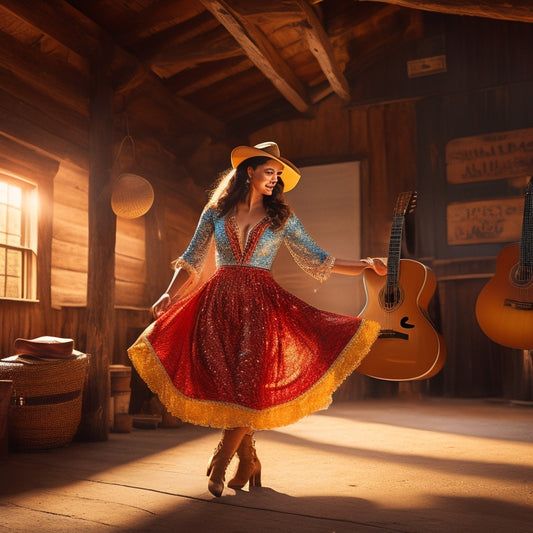 A playful, vibrant illustration of a person wearing cowboy boots and a flowing salsa-inspired dress, dancing in a rustic, sunlit barn surrounded by guitars and sombreros.