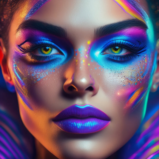 A vibrant, futuristic makeup design on a dancer's face, with neon lights and digital patterns swirling around the eyes, cheekbones, and lips, set against a dark, gradient background.