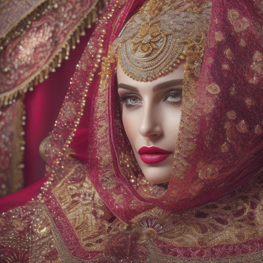 A vibrant, golden-hued background with a stylized, intricate Middle Eastern-inspired pattern, featuring a centered, flowing, crimson-red veil, surrounded by scattered, shimmering sequins and beads.