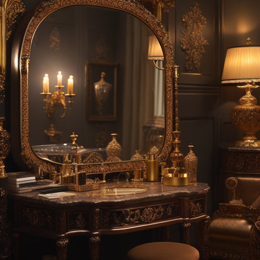 A glamorous, dimly-lit vanity with a ornate, gold-rimmed mirror reflects Sir John's flawless, bronzed complexion. Makeup brushes, palettes, and products are artfully arranged around a single, spotlighted makeup chair.