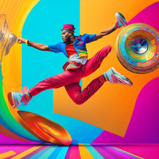 A vibrant illustration featuring a dynamic dancer in mid-air, surrounded by swirling shapes and colors reminiscent of vinyl records, cassette tapes, and boomboxes, evoking the fun, energetic spirit of hip hop.