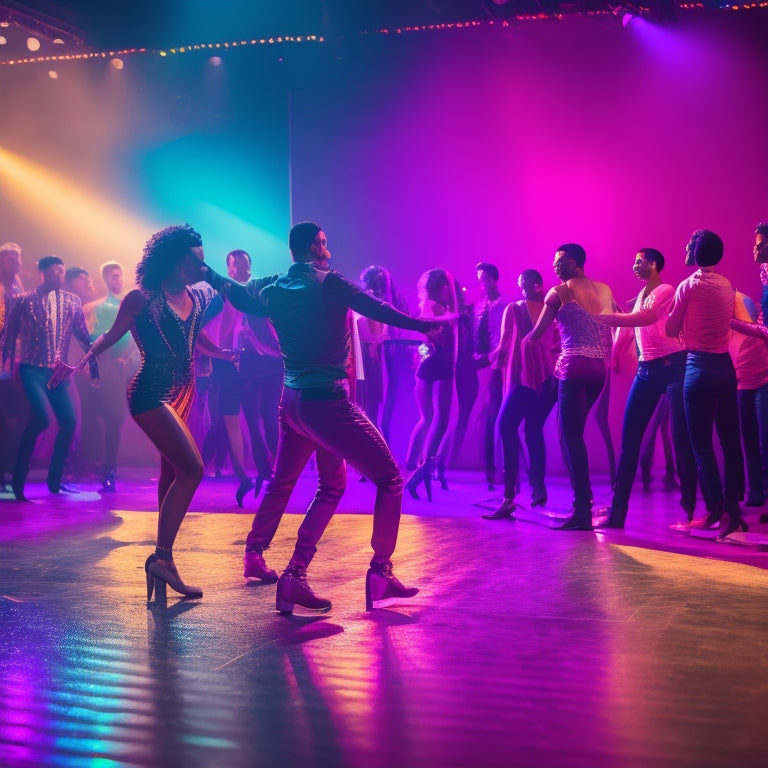 A vibrant dance floor filled with diverse dancers in dynamic poses, colorful lights flashing above, iconic music video scenes projected on the walls, and an energetic atmosphere that captures the essence of movement and rhythm.