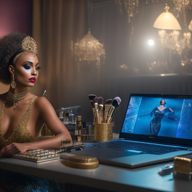 A glamorous, spotlight-lit dancer in a flowing costume, surrounded by makeup brushes, palettes, and mirrors, with a laptop open to a virtual classroom in the background.