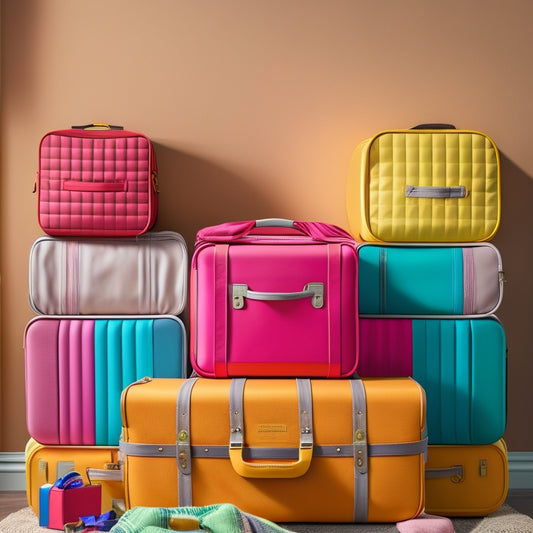 A vibrant, open suitcase overflowing with colorful luggage organizers, neatly arranged packing cubes, rolled clothes, and travel pouches, set against a bright, airy background, showcasing efficient packing techniques and maximizing space.