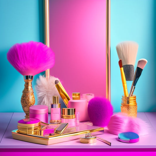 A colorful, well-lit vanity with an assortment of makeup products, brushes, and mirrors, surrounded by dance-inspired elements like ballet shoes, a tutu, and a few feathers, on a soft, pastel pink background.