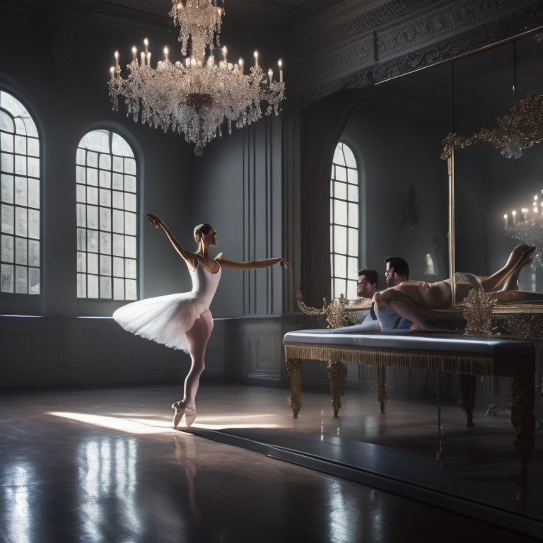 A serene, dimly lit dance studio with a ballet dancer in a flowing white leotard, executing a perfect arabesque on a Pilates reformer, surrounded by mirrors and elegant chandeliers.