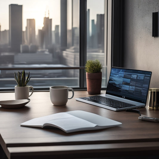 A minimalist desk with a sleek laptop, a tablet, a smartphone, and a notebook, surrounded by a subtle cityscape background, conveying modernity and professionalism.