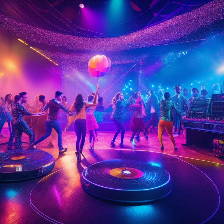 A vibrant, energetic illustration of a dance floor at night, with confetti, balloons, and spotlights, surrounded by diverse dancers in various poses, with a DJ console and a spinning turntable in the background.