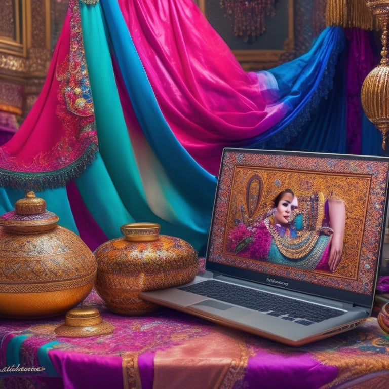 A vibrant illustration featuring a laptop surrounded by belly dancing props like veils, scarves, and hip scarves, with a subtle Middle Eastern-inspired background and intricate patterns.