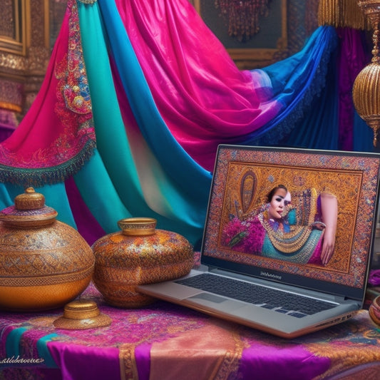 A vibrant illustration featuring a laptop surrounded by belly dancing props like veils, scarves, and hip scarves, with a subtle Middle Eastern-inspired background and intricate patterns.