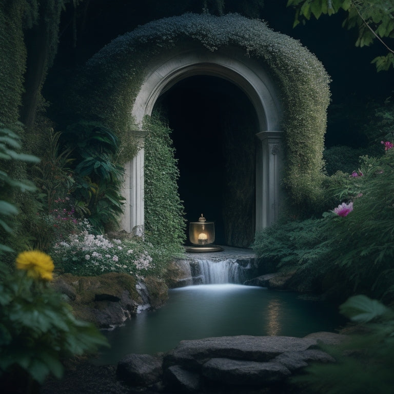 A serene, moonlit garden with a single, ornate door hidden behind a waterfall, surrounded by lush greenery and vibrant flowers, evoking a sense of secluded tranquility and exclusive access.