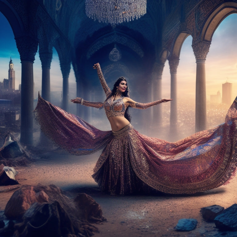 A whimsical illustration featuring a belly dancer surrounded by scattered music notes, broken mirrors, and torn veils, with a faint cityscape in the background, conveying chaos and disarray.