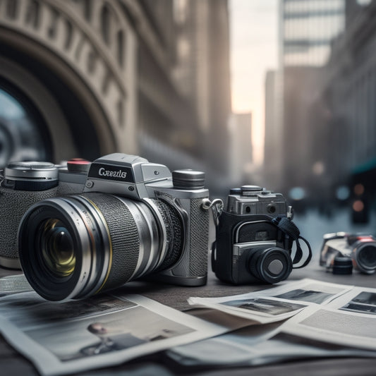 A sleek, silver camera lens prominently positioned in the foreground, surrounded by crumpled newspapers with scattered photography equipment and a blurred cityscape background.