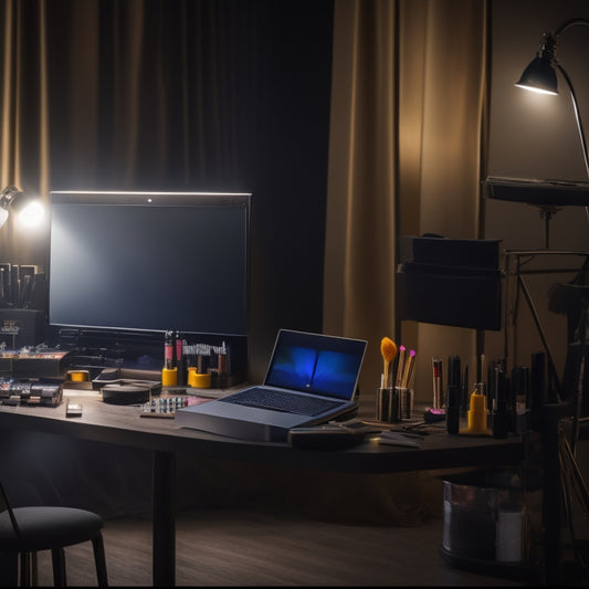 A dimly lit, elegant makeup station with a laptop open to a tutorial webpage, surrounded by scattered makeup brushes, palettes, and a half-finished dancer's face, with a faint stage light glow in the background.