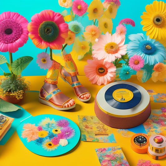 A colorful, whimsical illustration featuring a pair of dancing feet in 1960s-inspired outfits, surrounded by vinyl records, cassette tapes, and retro-style flowers, set against a warm, sunny background.