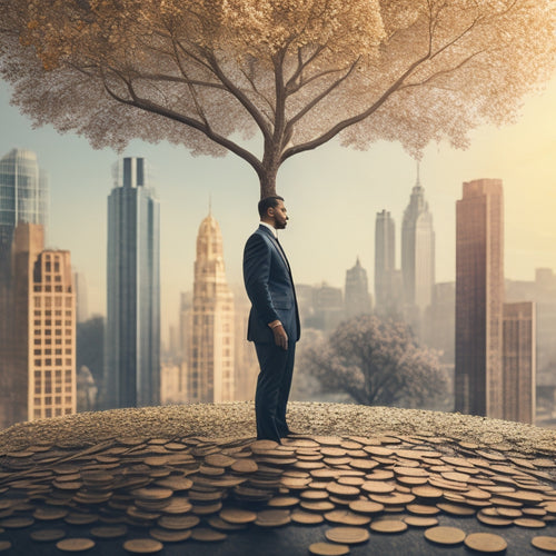 A minimalist illustration of a person standing in front of a blooming tree, surrounded by coins and financial symbols, with a subtle cityscape in the background, conveying growth and prosperity.