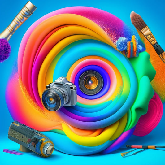 A stylized illustration featuring a colorful, swirling vortex of creative elements, including paintbrushes, cameras, and musical notes, surrounded by translucent, layered PNG files with subtle gradients.