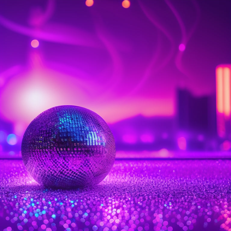 A vibrant, glowing disco ball surrounded by swirling purple and pink lights, with a subtle cityscape at dusk in the background, and a pair of dancing shoes in the foreground.