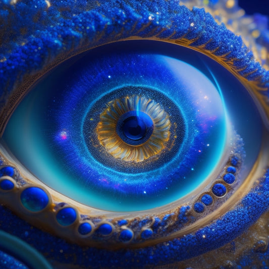 An intricate, glowing eyeball with swirling, iridescent patterns, surrounded by delicate, curved gears and shimmering filaments, set against a dark, starry night sky with subtle, pulsing nebulas.