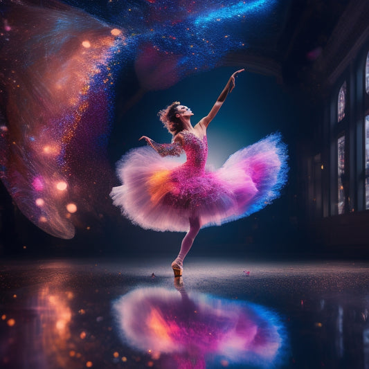 A mesmerizing, dreamlike scene featuring a ballet dancer in mid-leap, surrounded by swirling, kaleidoscopic lights and fragmented mirrors, with shards of color exploding from her movement.