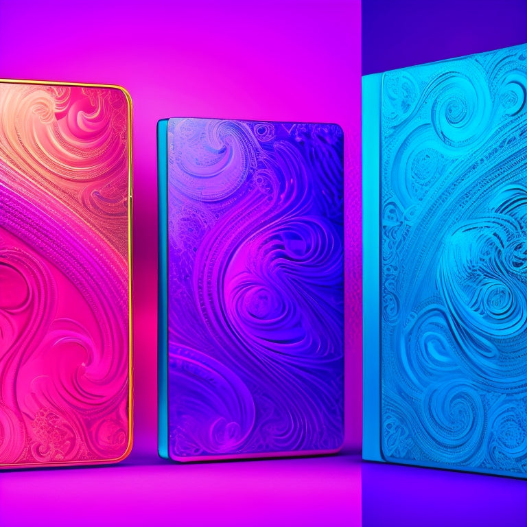 A vibrant, abstract dance-inspired background with swirling patterns of purple, pink, and turquoise. In the foreground, three stylized, gleaming eBook icons with ornate, curly metal covers.