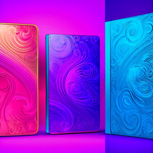 A vibrant, abstract dance-inspired background with swirling patterns of purple, pink, and turquoise. In the foreground, three stylized, gleaming eBook icons with ornate, curly metal covers.