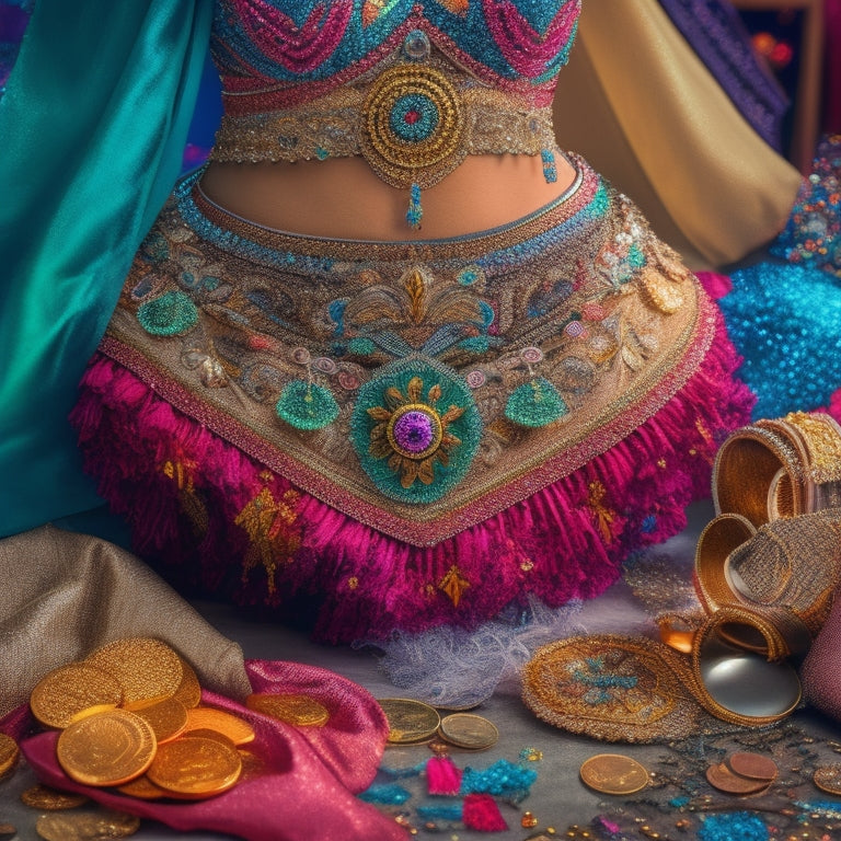 A whimsical illustration featuring a beautiful, intricate belly dance belt with shimmering coins, beads, and sequins, surrounded by scattered fabric scraps, threads, and a vintage sewing machine.