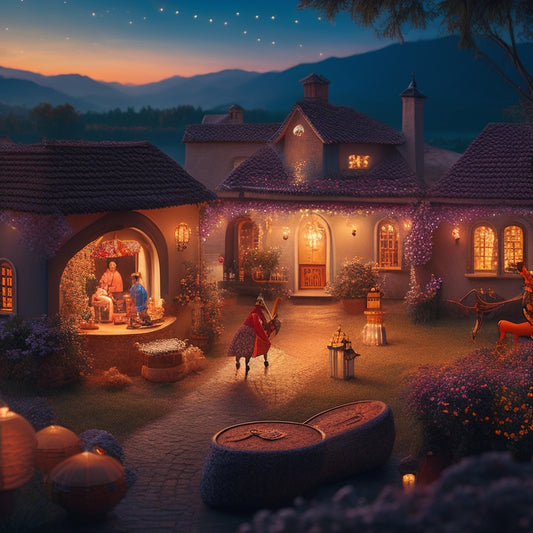 A whimsical illustration of a rustic village scene at dusk, with a lone musician playing a traditional instrument amidst swirling folk patterns and vines, surrounded by dancing couples and lanterns.